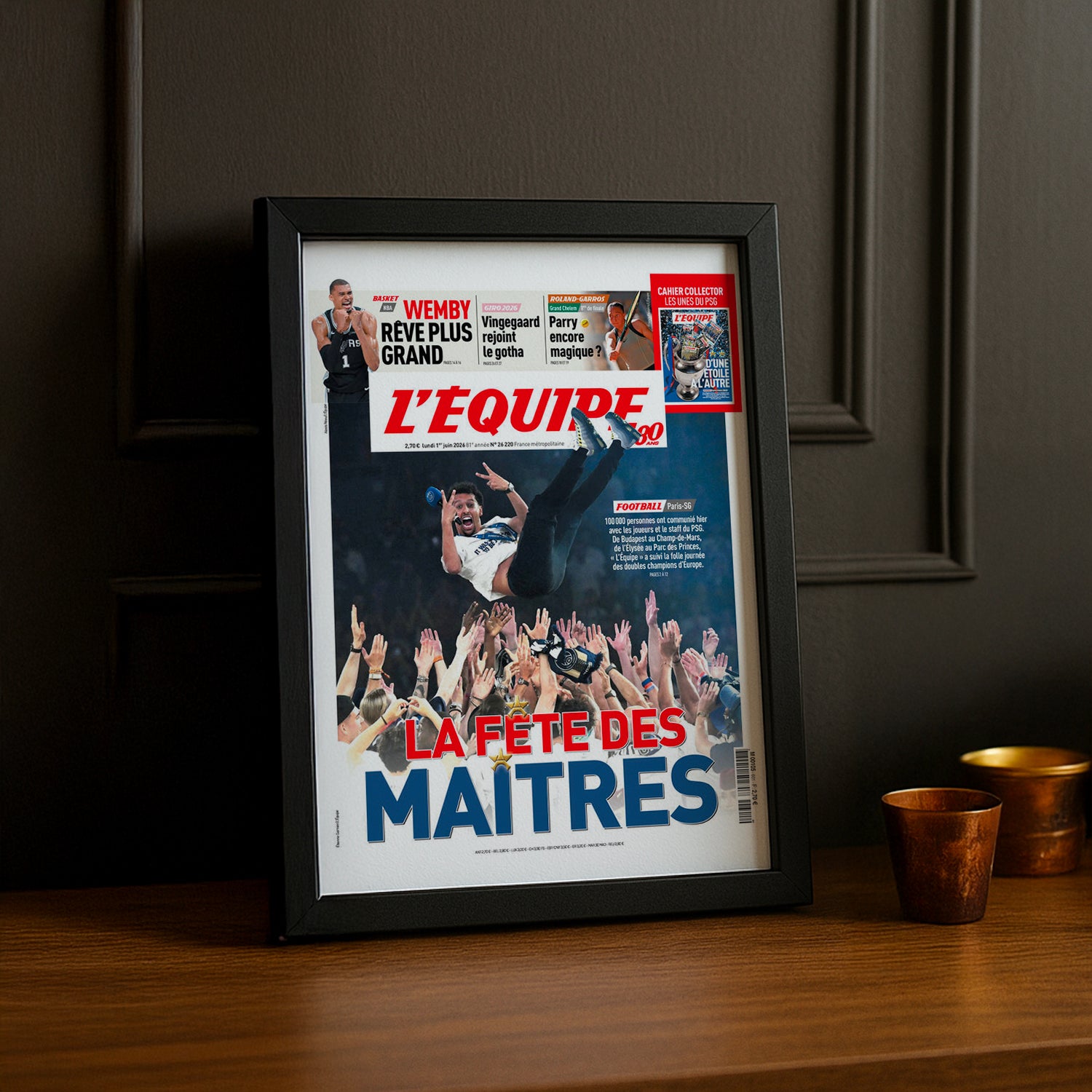 Cadre Photo Une L'Équipe – "La Fête des Maîtres" PSG Luis Enrique Porté en Triomphe 2026 TonCadre