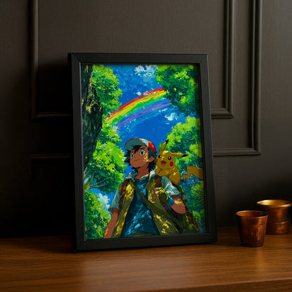 Cadre Photo Pokémon - Sacha x Pikachu Arc-en-ciel
