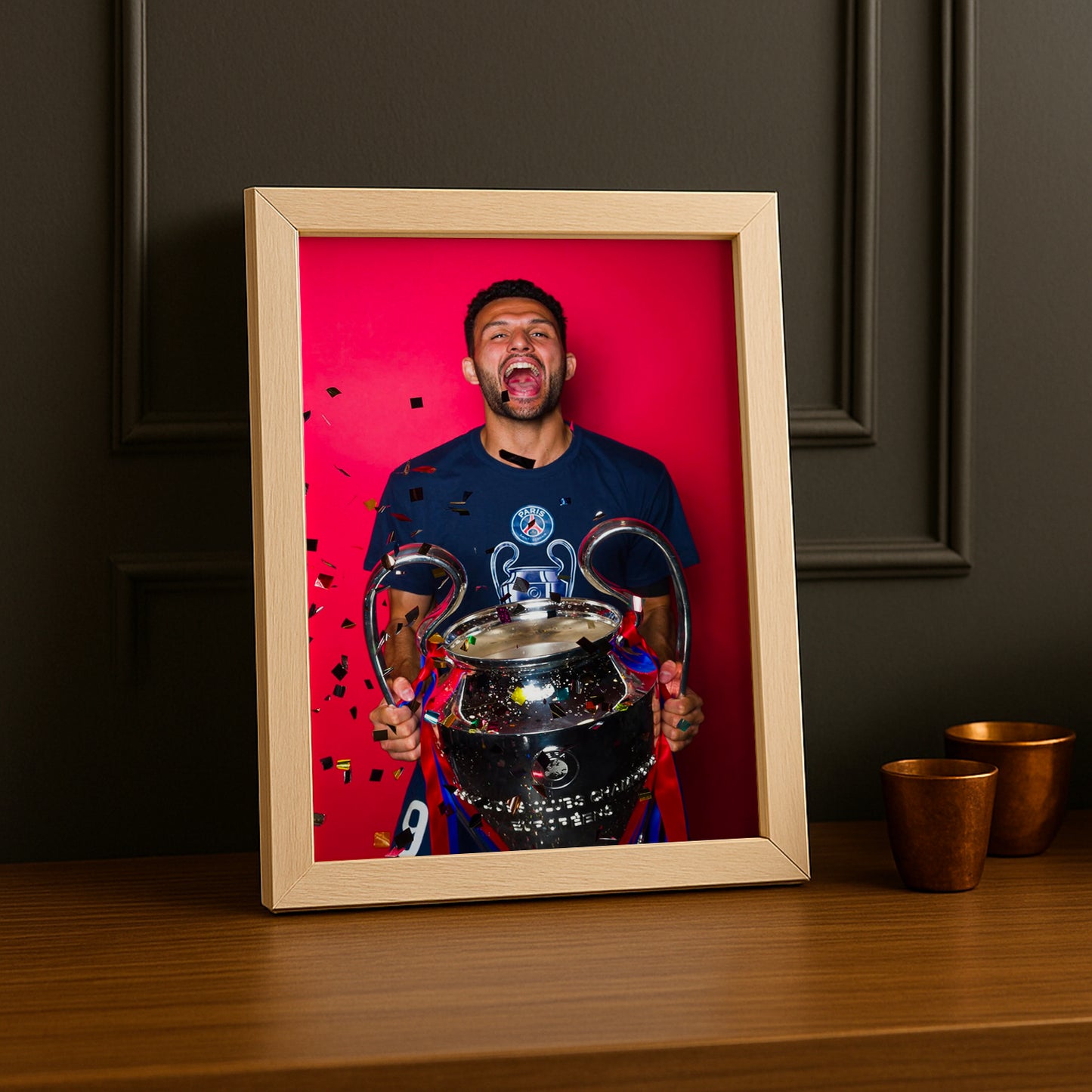 Cadre Photo Gonçalo Ramos – Trophée Champions League 2026 Fond Rose | PSG TonCadre