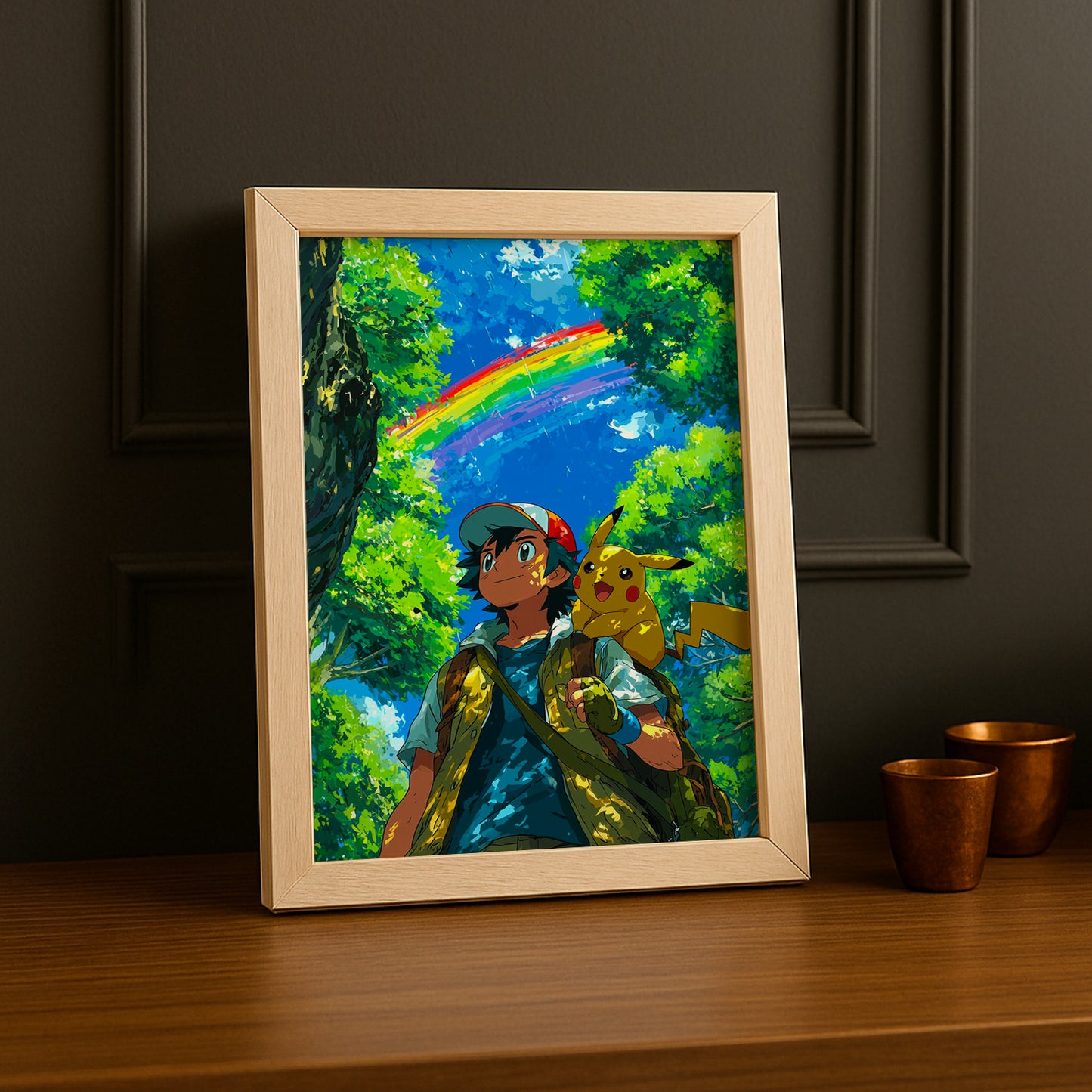 Cadre Photo Pokémon - Sacha x Pikachu Arc-en-ciel