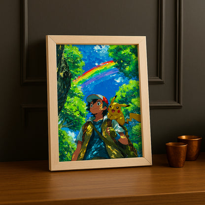 Cadre Photo Pokémon - Sacha x Pikachu Arc-en-ciel