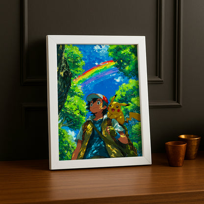 Cadre Photo Pokémon - Sacha x Pikachu Arc-en-ciel
