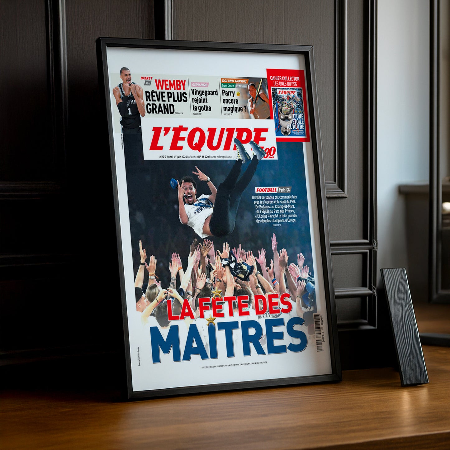 Cadre Photo Une L'Équipe – "La Fête des Maîtres" PSG Luis Enrique Porté en Triomphe 2026 TonCadre