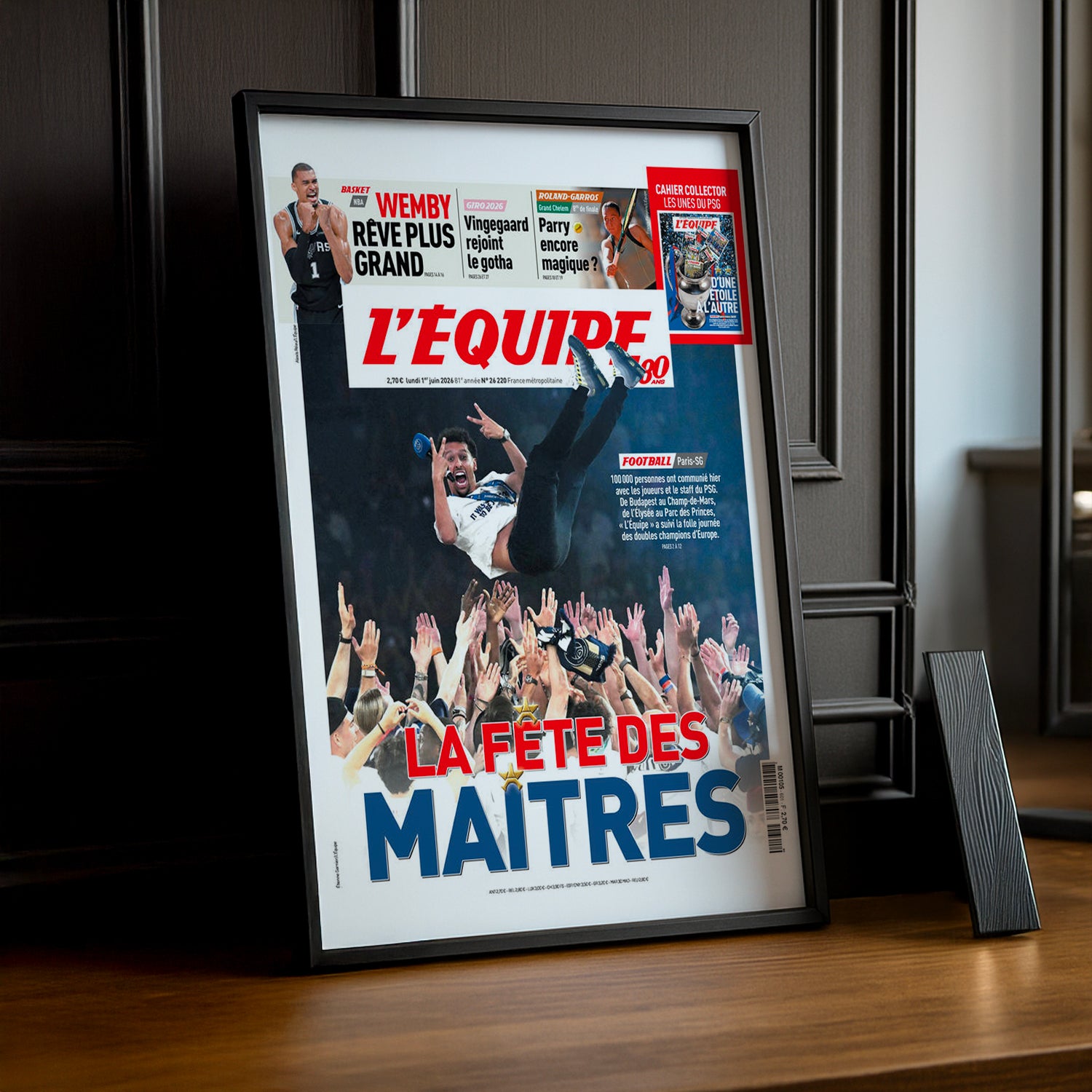 Cadre Photo Une L'Équipe – "La Fête des Maîtres" PSG Luis Enrique Porté en Triomphe 2026 TonCadre