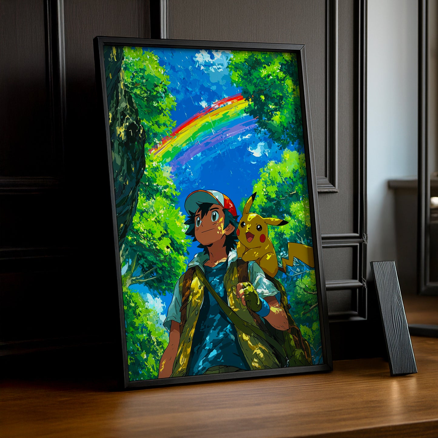 Cadre Photo Pokémon - Sacha x Pikachu Arc-en-ciel