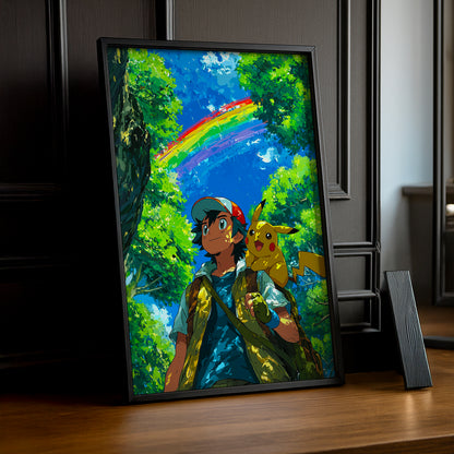 Cadre Photo Pokémon - Sacha x Pikachu Arc-en-ciel