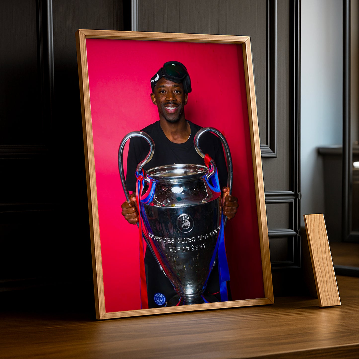 Cadre Photo Dembélé – Trophée Champions League 2026 Fond Rose | PSG TonCadre