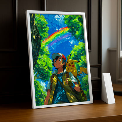 Cadre Photo Pokémon - Sacha x Pikachu Arc-en-ciel